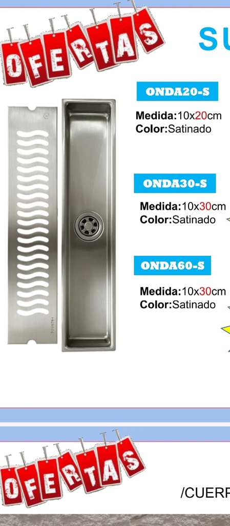 SUMIDERO C/TRAMPA RECTANGULAR INOX 10 X 30CM NEW ONDA30-S