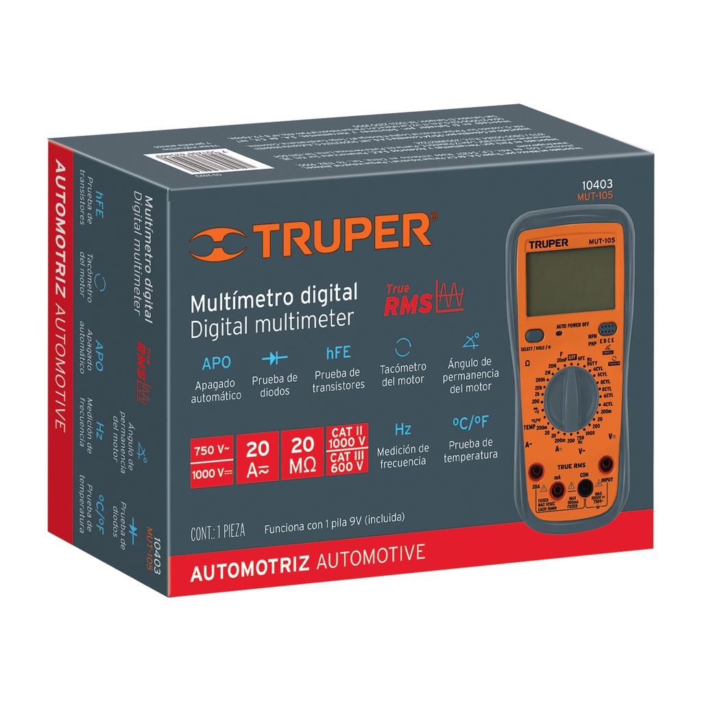MULTIMETRO DIGITAL AUTOMOTRIZ 20MΩ TRUPER 10403