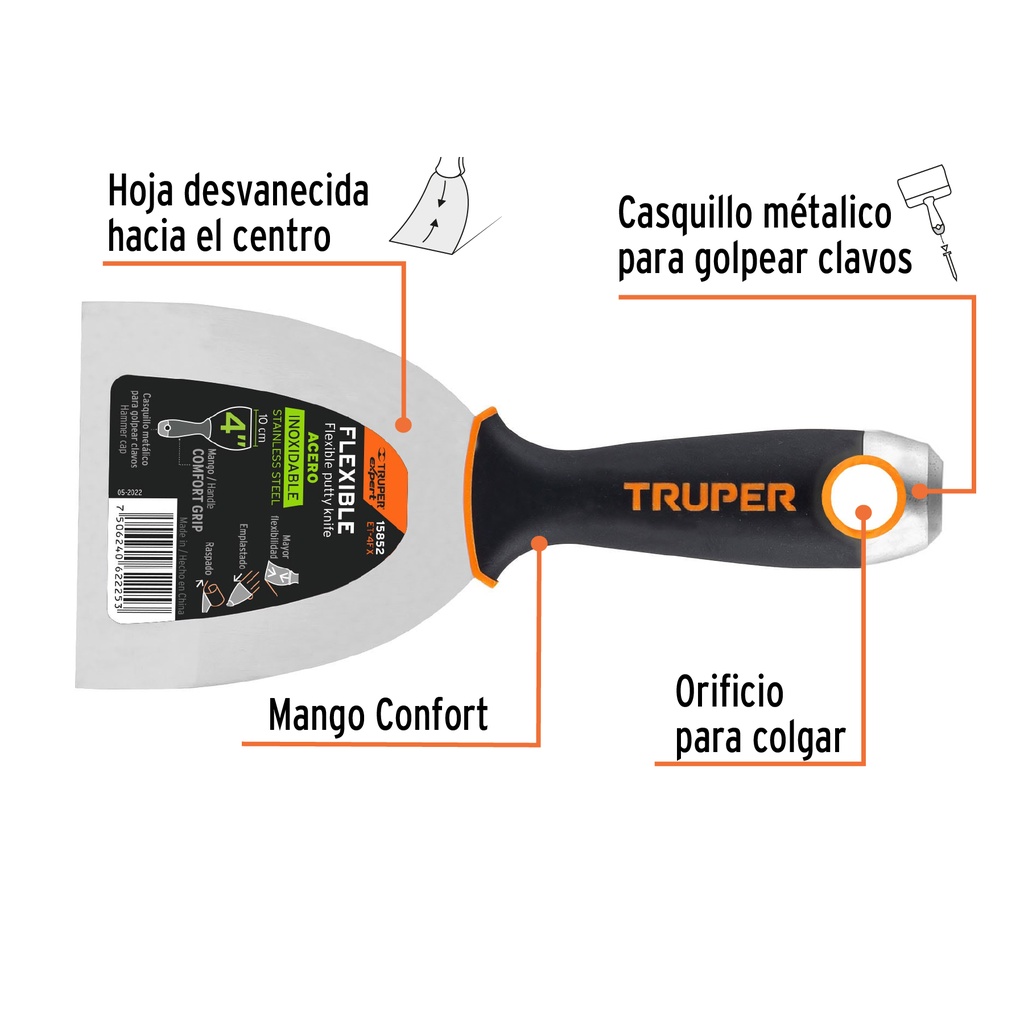 ESPATULA ACERO INOX MANGO GOMA 6'' TRUPER EXPERT 15854