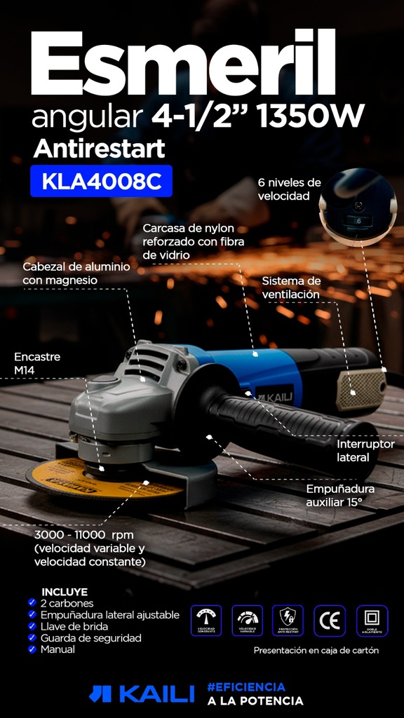 AMOLADORA KAILI 4.1/2 1350 WATTS V.VARIABLE KLA-4008C